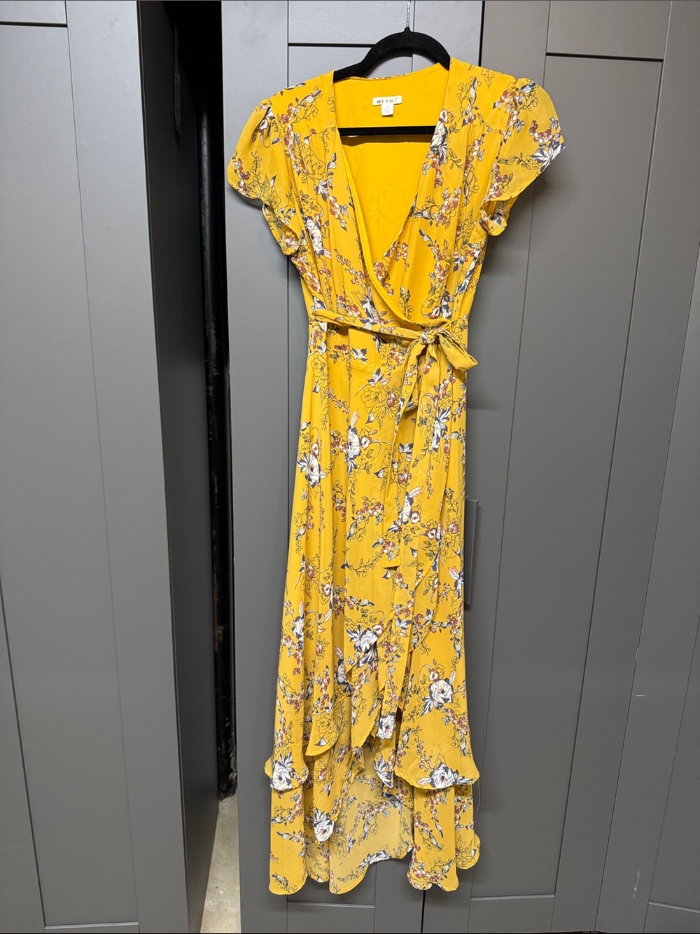 miami Yellow Floral Wrap Maxi Dress with Ruffle Hem
